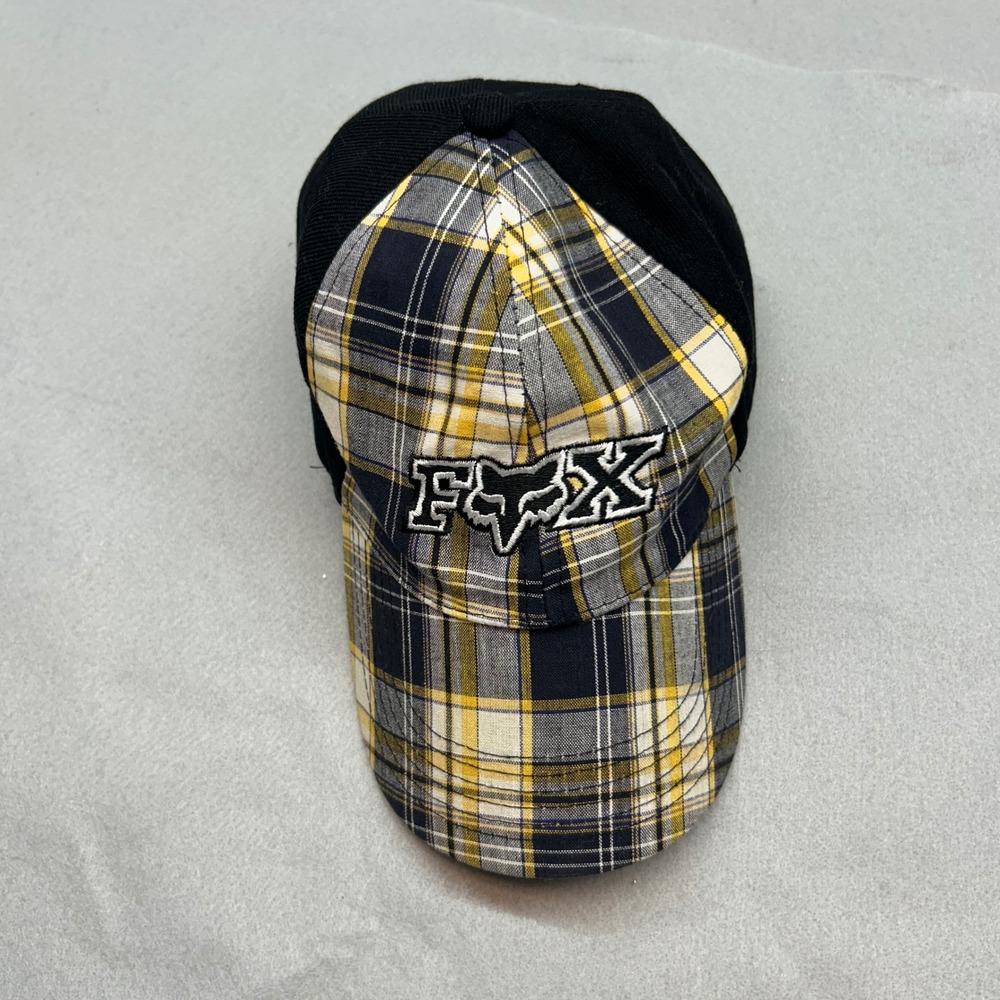 Fox Racing Plaid Baseball Hat Mens Black Yellow Embroidered Logo Adjustable Cap